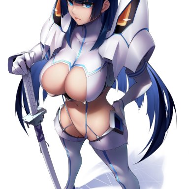 hololive, hololive english, hololive english -council-, kill la kill, kiryuuin satsuki, kiryuuin satsuki (cosplay), ouro kronii, 1girls, arm length gloves, armor, asymmetrical hair, bangs, big breasts, blue eyes, blue hair