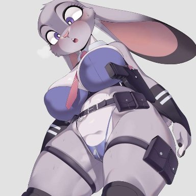 zootopia, judy hopps, cervina7 (artist), furry, 1girls, female, female only, panties, bra, big breasts, erect nipples, nipple bulge, police uniform, blush, highleg panties