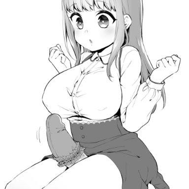 binbinsuke, 1futa, bangs, big breasts, big penis, breasts, clothed, clothing, cock sleeve, cock sleeve (clothes), erection, futa only, futanari, human, kneeling