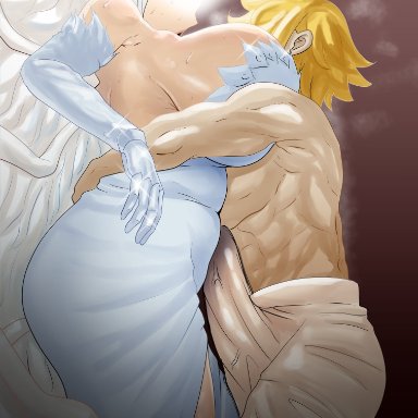 nanatsu no taizai, the seven deadly sins, meliodas, abs, angel, bare shoulders, blush, boob window, bulge, bulge fondling, bulge frottage, bulge rubbing, bulge through clothing, cheating, cheating (relationship)