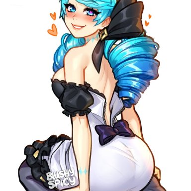 league of legends, riot games, valentine's day, gwen (league of legends), blushypixy, blushyspicy, 1girls, ass, ass up, back view, bare back, blue eyes, blue hair, blush, bodysuit