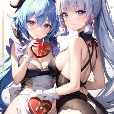 genshin impact, ganyu (genshin impact), kamisato ayaka, 2girls, ahoge, alternate costume, apron, ass, bare shoulders, blue hair, blush, breasts, chocolate heart, from behind, goat horns