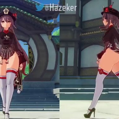 genshin impact, mihoyo, hu tao (genshin impact), hazeker, alternate ass size, alternate body type, bottomless, brown hair, clothing, female, footwear, game, hat, headwear, high heels