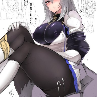 azur lane, saint-louis (azur lane), blush, breastplate, covered nipples, facesitting, gauntlets, grey hair, mole under eye, pantyhose, red eyes, thick ass, thick thighs, white boots, white jacket