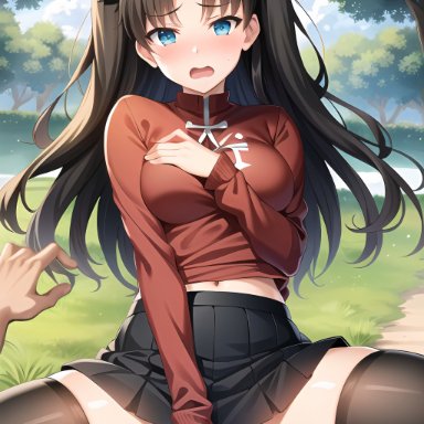 fate/stay night, fate (series), tohsaka rin, nai diffusion, stable diffusion, black legwear, blush, cowgirl position, guided penetration, legwear, looking at viewer, open mouth, school uniform, schoolgirl, skirt