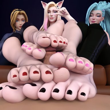 k/da series, league of legends, ahri, k/da ahri, luxanna crownguard, seraphine (league of legends), shaohuu, 1male, 3girls, big feet, blue eyes, feet, femdom, foot fetish, footjob