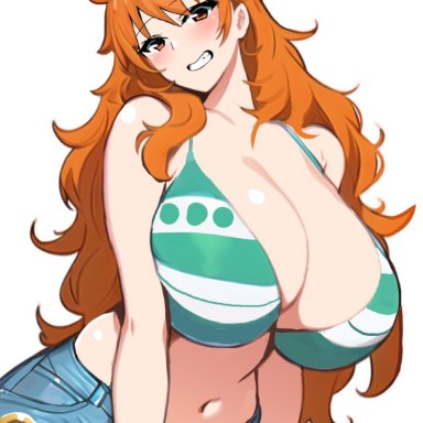 one piece, nami, hihumi123, 1girls, big breasts, bikini top, blush, breasts, cleavage, clenched teeth, clothed, clothing, female, female only, happy