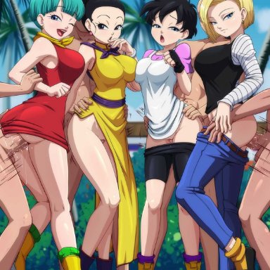 dragon ball, dragon ball z, android 18, bulma briefs, chichi, videl, reit, 4girls, background, clothed sex, faceless male, from behind, fucked silly, group, group sex