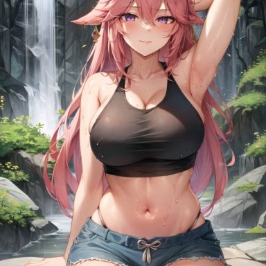 genshin impact, yae miko, stable diffusion, 1girls, armpits, arms up, booty shorts, breasts, cleavage, clothed, female, fox ears, fox girl, huge breasts, jean shorts