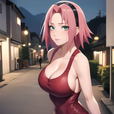 naruto, naruto (series), naruto shippuden, sakura haruno, nai diffusion, stable diffusion, 1girls, alternate breast size, breasts, cleavage, dress, female, female only, green eyes, looking at viewer