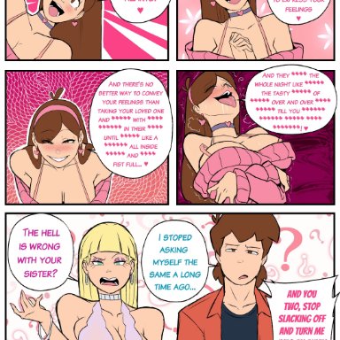 gravity falls, valentine's day, dipper pines, mabel pines, pacifica northwest, banjabu, big breasts, choker, dirty talk, earrings, non-nude, censored text, comic, full color
