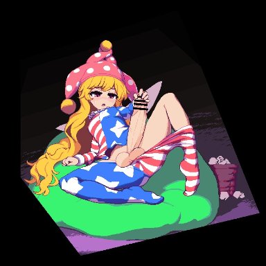 touhou, clownpiece, namako (takorin), takorin, 1futa, american flag, american flag legwear, american flag shirt, arm support, balls, blonde hair, blush, breasts, clothed, clothing