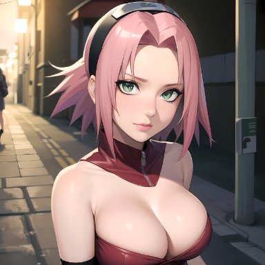 naruto, naruto (series), naruto shippuden, sakura haruno, nai diffusion, stable diffusion, 1girls, alley, alternate breast size, bare shoulders, breasts, cleavage, crop top, dress, female