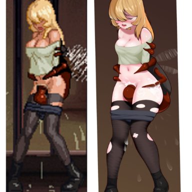 parasite in city, character request, pewpewsalote, 1other, arms behind back, bad end, bare shoulders, black footwear, black shorts, black thighhighs, blonde hair, blush, boots, breasts, bug