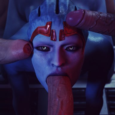 mass effect, asari, samara, sfmlover22, 1girls, 4boys, alien, alien girl, fellatio, gangbang, human, humanoid, interspecies, male human/female alien, male human/female humanoid