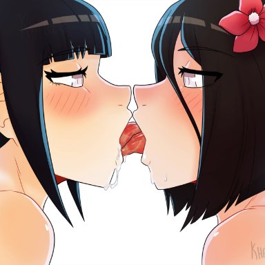 naruto, hyuuga hanabi, hyuuga hinata, khartemis, 2girls, black hair, blush, brown hair, female, female only, flower, flower in hair, incest, kissing, lesbian sex