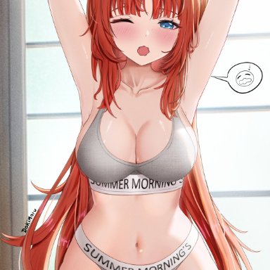 genshin impact, nilou (genshin impact), dokimaru, 1girls, blue eyes, bra, breasts, female, female only, looking at viewer, navel, open mouth, panties, red hair, stretching