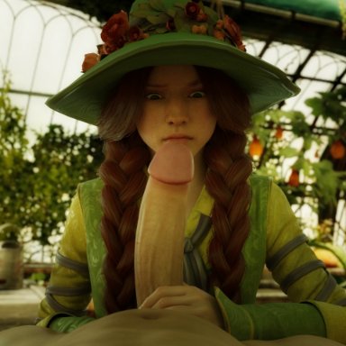 harry potter, hogwarts legacy, mirabel garlick, cunningchicken, 1girls, braid, cute, female, green eyes, greenhouse, holding penis, huge cock, imminent fellatio, imminent oral, imminent sex