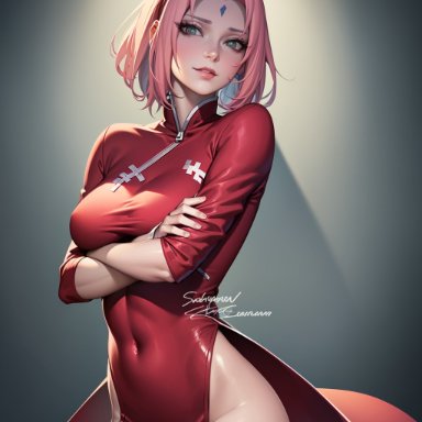 naruto, naruto (series), naruto shippuden, sakura haruno, stable diffusion, 1girls, blush, china dress, chinese clothes, crossed arms, curvaceous, dress, feet out of frame, female, female only