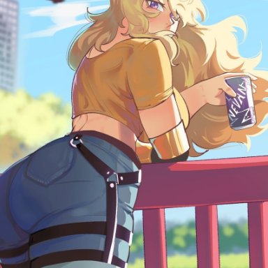 rwby, yang xiao long, hentaly, 1girls, ahoge, ass, bird, blonde hair, crop top, denim, denim shorts, from behind, huge breasts, long hair, looking at viewer