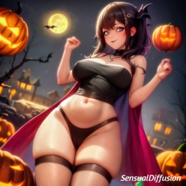 halloween, hotel transylvania, sony interactive entertainment, mavis dracula, 1girls, blue eyes, blush, breasts, choker, halloween costume, jack-o'-lantern, looking at viewer, moon, navel, night