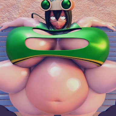 my hero academia, tsuyu asui, cghonk, 1boy, 1girls, bbw, belly, bench, big belly, big breasts, breasts, breasts out, busty, chubby, chubby female