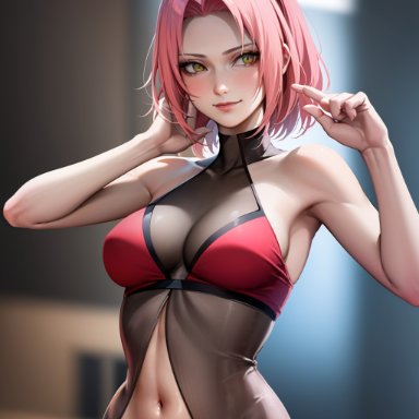 naruto, naruto (series), naruto shippuden, sakura haruno, stable diffusion, 1girls, blush, bra, curvaceous, feet out of frame, female, female only, green eyes, legs together, leotard