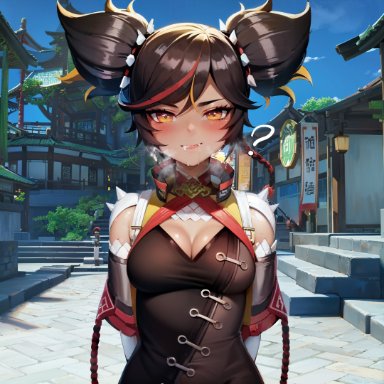 genshin impact, xinyan (genshin impact), stable diffusion, xinyandegen, ?, after fellatio, architecture, arms behind back, bangs, black hair, blonde hair, blue sky, blush, braid, breasts