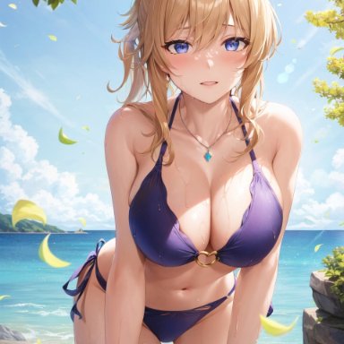 genshin impact, mihoyo, jean gunnhildr, 1girls, bikini, blonde hair, blue eyes, curvaceous, curvy, curvy body, curvy female, curvy figure, seductive, seductive look, voluptuous