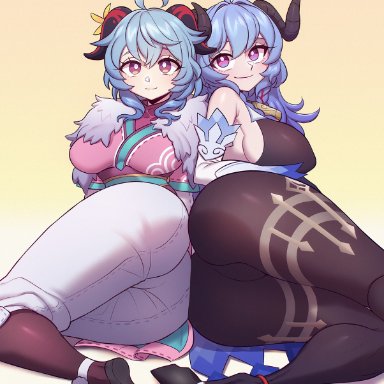 genshin impact, league of legends, riot games, ganyu (genshin impact), kindred, spirit blossom kindred, strongbana, 2girls, ass, big ass, big breasts, blue hair, breasts, clothed female, clothes swap