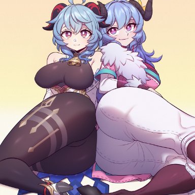 genshin impact, league of legends, riot games, ganyu (genshin impact), kindred, spirit blossom kindred, strongbana, 2girls, ass, big ass, big breasts, blue hair, breasts, clothed female, female