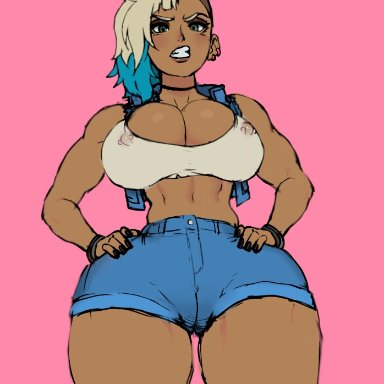 hi-fi rush, peppermint (hi-fi rush), jay-marvel, 1girls, abs, angry, angry face, blonde hair, blue hair, brown skinned female, child bearing hips, earrings, female only, hotpants, hourglass figure