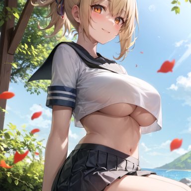 genshin impact, mihoyo, yoimiya (genshin impact), 1girls, blonde hair, curvaceous, curvy, curvy body, curvy female, curvy figure, school uniform, schoolgirl, seductive look, underboob, yellow eyes