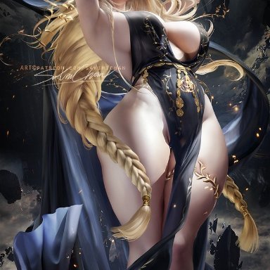 elden ring, fromsoftware, queen marika the eternal, sakimichan, 1girls, armpits, arms up, blonde hair, braided hair, breasts, dress, female, hair over one eye, huge breasts, large breasts