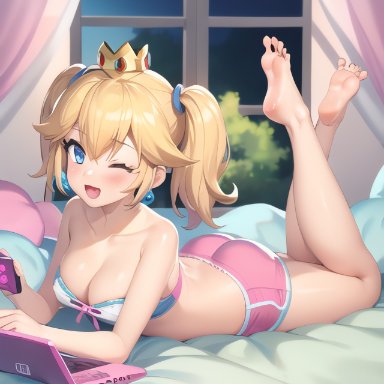 mario (series), nintendo, princess peach, 1girls, alternate hairstyle, ass, bed, big ass, big breasts, blonde hair, blue eyes, busty, cleavage, cute, feet