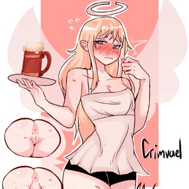 ishuzoku reviewers, crimvael, mantislord, 1boy, 1futa, angel, angel wings, ass, ass focus, balls, blonde hair, clothed, clothing, crying, dress