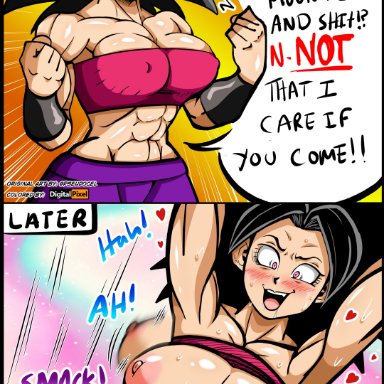 dragon ball, dragon ball super, tournament of power, caulifla, digital-pixel, pseudocel, 1boy, 1girls, abs, alternate breast size, armpits, big breasts, black eyes, black hair, breasts