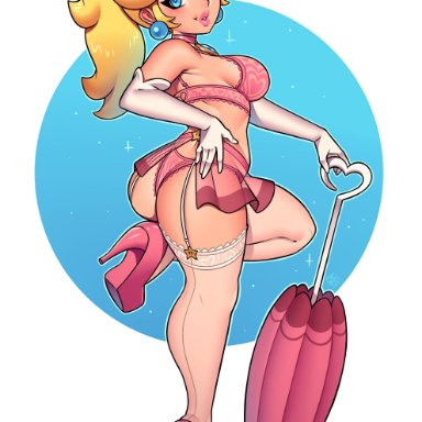 mario (series), nintendo, princess peach, ravenousruss, 1girls, armwear, ass, big ass, big breasts, big lips, blonde hair, bottomwear, bra, breasts, bubble butt