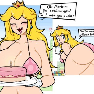 mario (series), super mario bros. 2, princess peach, silenttandem, 1girls, ass, big ass, breasts, cake, female, food, large breasts, multiple views, panties, 2d