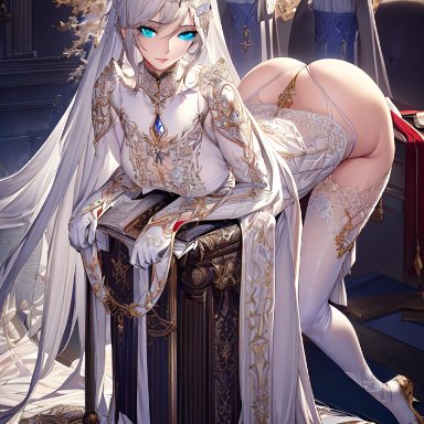 original, valtyria, stable diffusion, blue eyes, dress, legwear, shoes, silver hair, underwear, ai generated, tagme