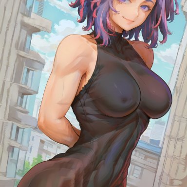 my hero academia, kaina tsutsumi, lady nagant, amiral ai, 1girls, bodysuit, breasts, female, large breasts, light-skinned female, light skin, looking at viewer, medium hair, purple eyes, purple hair