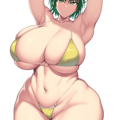 one-punch man, fubuki (one-punch man), big ass, big breasts, big butt, big hips, green eyes, green hair, hips, huge breasts, short hair, thick, thick thighs, ai generated