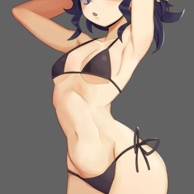 creatures (company), game freak, nintendo, pokemon, pokemon (game), pokemon xy, hex maniac, :o, @ @, adjusting hair, ahoge, armpits, arms up, bikini, black bikini