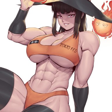 enen no shouboutai, fire force, oze maki, speedl00ver, 1girls, abs, arm support, bare shoulders, biceps, black hair, breasts, cleavage, detached sleeves, fire, huge breasts