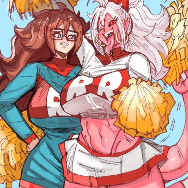 dragon ball, dragon ball fighterz, android 21, android 21 (evil), android 21 (human), majin android 21, embo, aqua background, big breasts, black sclera, blue background, blue eyes, brown hair, cheerleader, cheerleader uniform