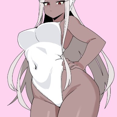 boku no hero academia, my hero academia, miruko, rumi usagiyama, kazuma (leldiq), :/, animal ears, bangs, bare shoulders, blush, breasts, covered navel, dark-skinned female, dark skin, female