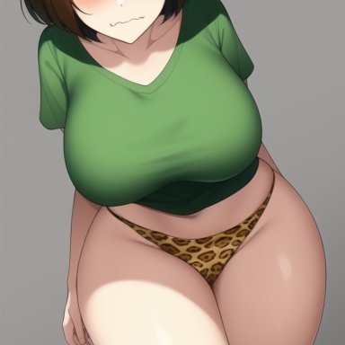 undertale, chara, nai diffusion, stable diffusion, 1girls, angry, blush, breasts, brown hair, curvy, embarrassed, female, female only, green shirt, highleg panties