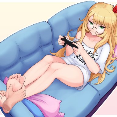 efreezerarts, 1boy, bare legs, barefoot, black nails, blonde hair, controller, couch, disembodied limb, feet, female, foot focus, footjob, game controller, gamepad