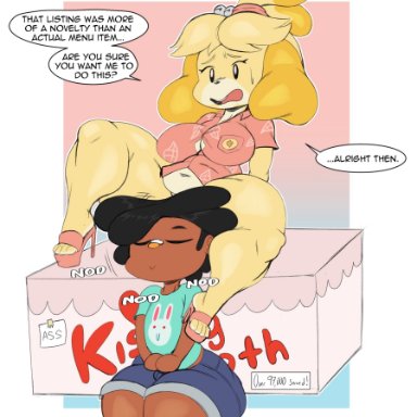 animal crossing, nintendo, isabelle (animal crossing), purple yoshi draws, 1boy, 1girls, anthro, ass, bandage, bell, big ass, black hair, blonde fur, bottom heavy, bottomless