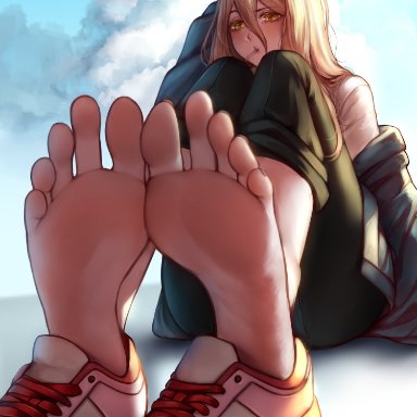 chainsaw man, power (chainsaw man), nikishiko, blonde female, blonde hair, cute, feet, feet together, female, female only, foot fetish, foot focus, footwear fetish, fully clothed, horns